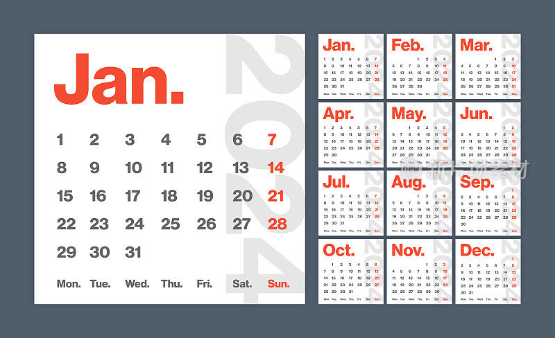 2024 -月历。极简风格的方形日历。向量模板。这一周从星期一开始